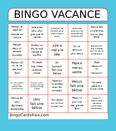 VACANCE Bingo Card