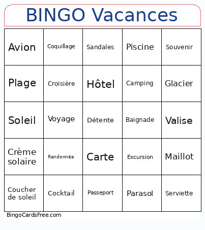 Vacances Bingo Card