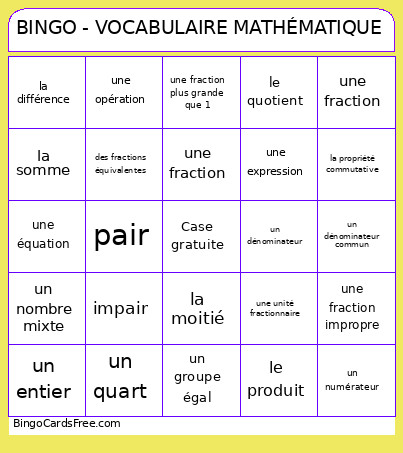 - VOCABULAIRE MATHÉMATIQUE Bingo Card