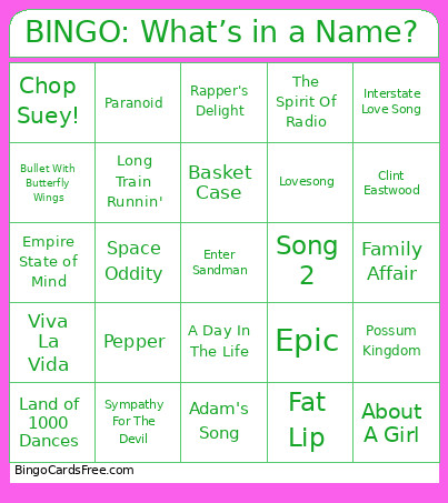 : What’s In A Name? Bingo Card