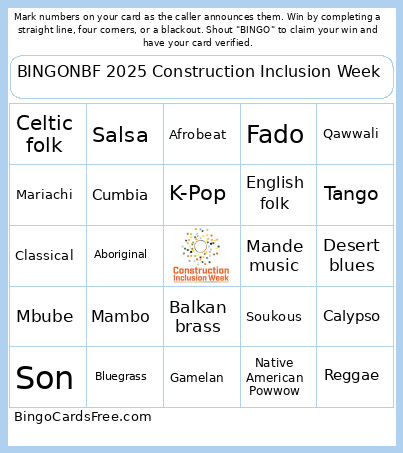 NBF 2025 Construction Inclusion Week Bingo Card