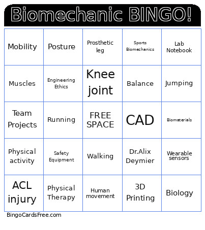 Biomechanics Bingo Card