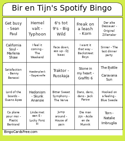 Bir En Tijn's Spotify Bingo Card
