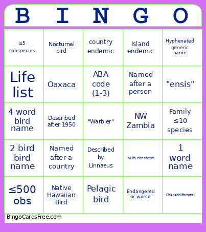 Bird Game 6 Bingo Card