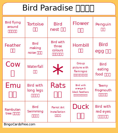 Bird Paradise 飞禽公园 Bingo Card