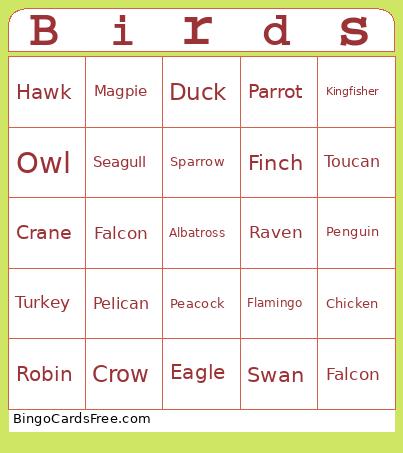 Birds Bingo Card