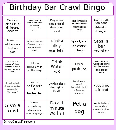 Birthday Bar Crawl Bingo Card