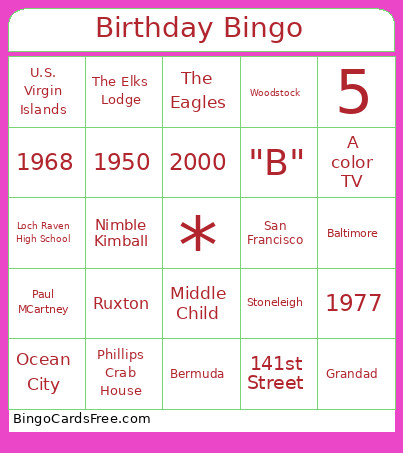 Birthday Bingo Card