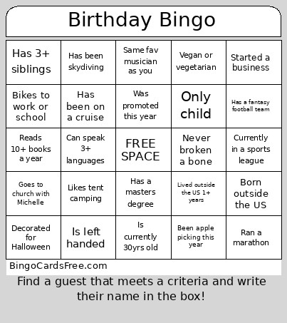 Birthday Bingo Card