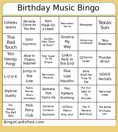Birthday Music Bingo Card