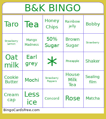 BK Tea Cafe Bingo Card