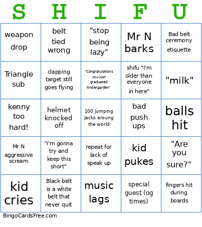 Black Belt Testing Bingo Card