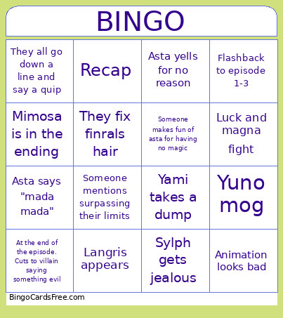 Black Clover Bingo Card