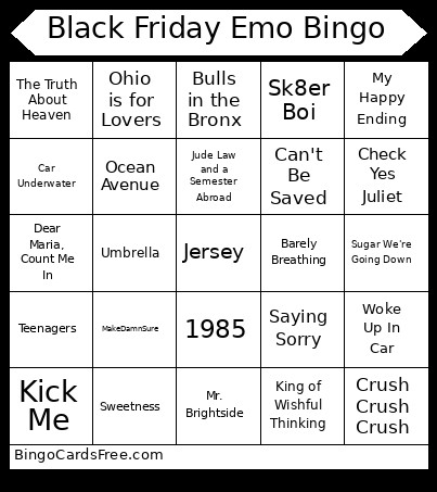 Black Friday Emo Bingo Card