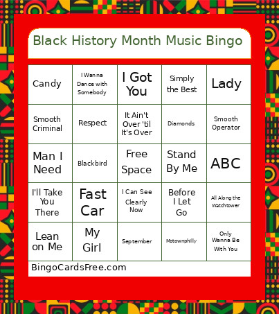 Black History Month Music Bingo Card