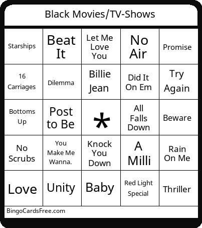 Black Music Bingo Cards Free Pdf Printable Game, Title: Black Movies/TV-Shows