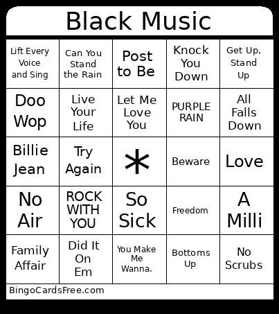 Black Music Bingo Cards Free Pdf Printable Game, Title: Black Music