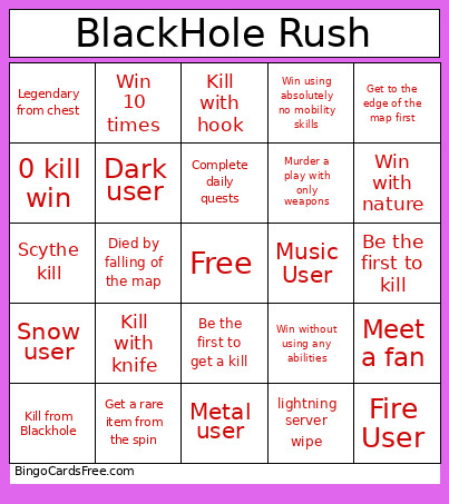 Blackhole Rush Bingo Card