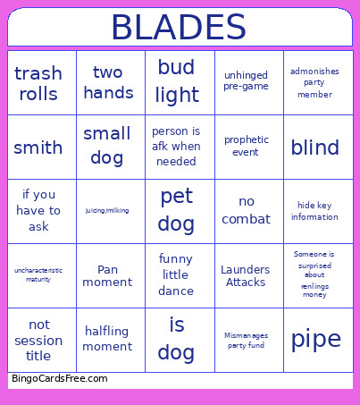 Blades Bingo Card
