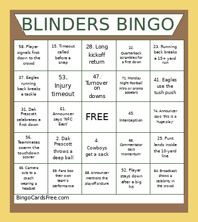 Blinders 10/26 Bingo Card 2