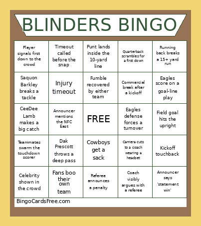 Blinders 10/26 Bingo Card
