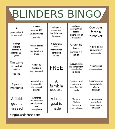 BLINDERS Bingo Card
