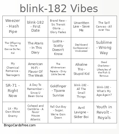 Blink-182 Vibes Bingo Card