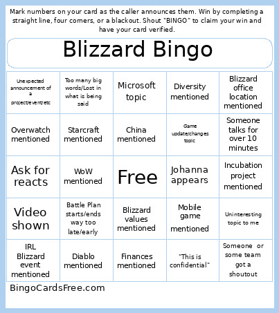 Blizzard Bingo Card