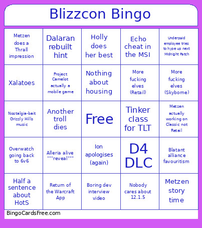 Blizzcon Bingo Card