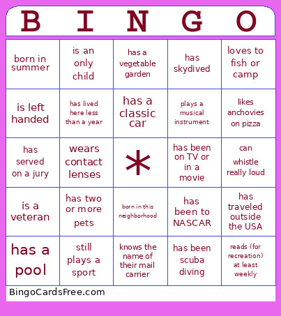 Block Party Bingo Card