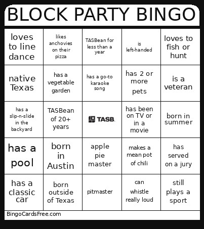 Block Party Bingo Card