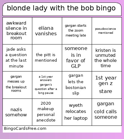 Blonde Lady With The Bob Bingo Card