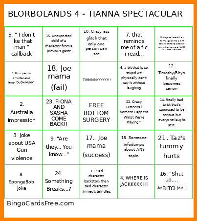 BLORBOLANDS 4 - TIANNA SPECTACULAR Bingo Card