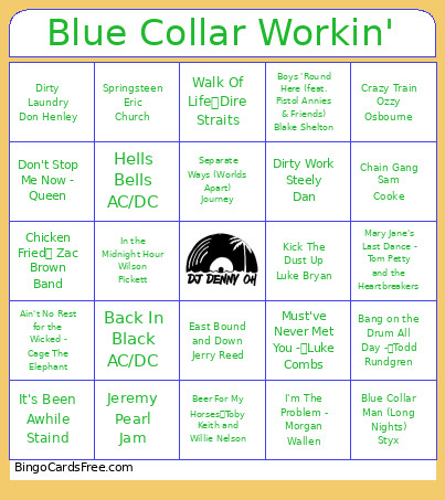 Blue Collar Working Songs Bingo Card