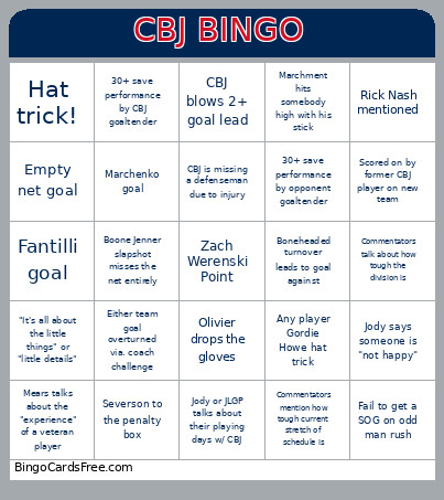 Blue Jackets Bingo Card