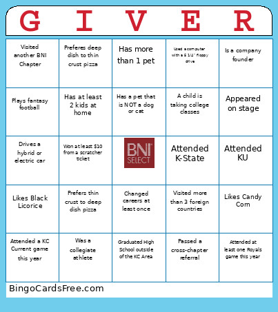 BNI Select Bingo Card