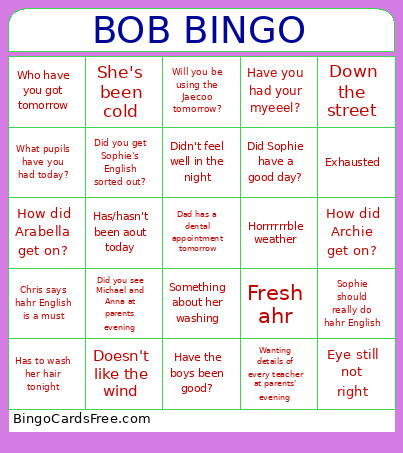 Bob 27.11.25 Bingo Card