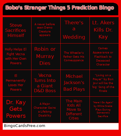 Bobo's Stranger Things 5 Prediction Bingo Card