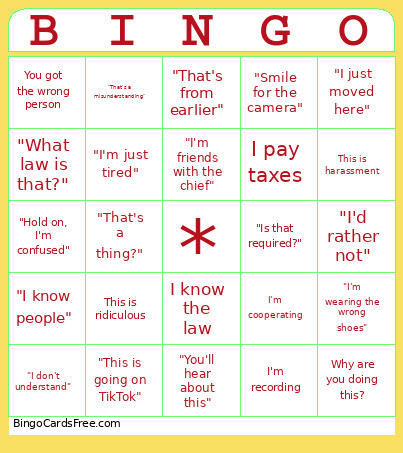 Body Cam Bingo Card