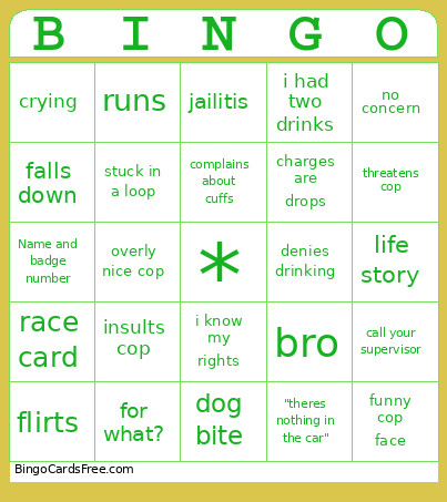 Body Cam Bingo Card