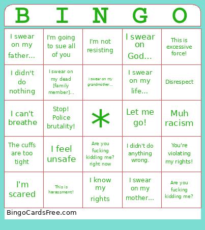 Body Cam Bingo Card