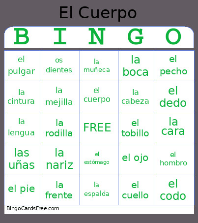 Body Parts Bingo Card