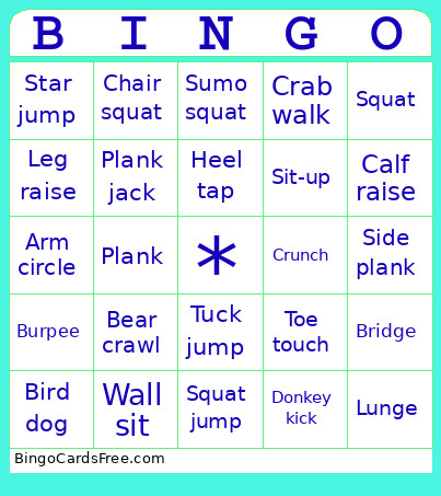 Body Weight Exercises Bingo Card