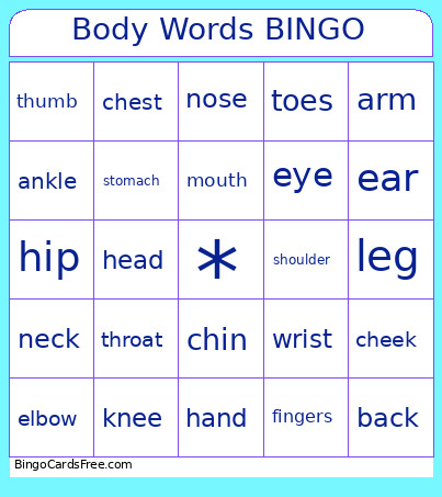 Body Words Bingo Card