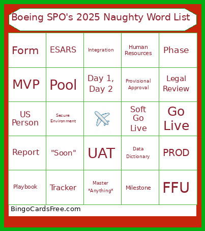 Boeing SPO's 2025 Naughty Word List Bingo Card