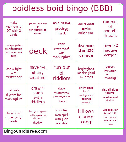 Boidless Boid (BBB) Bingo Card