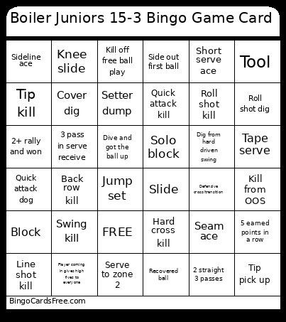 Boiler Juniors 15-3 Game Bingo Card