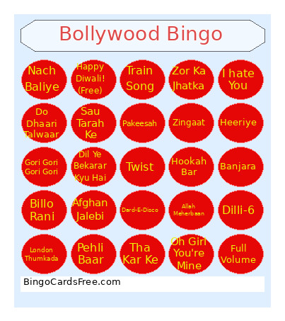 Bollywood Bingo Card