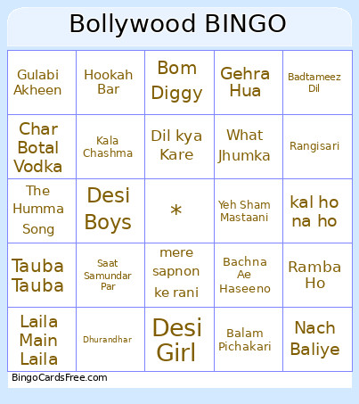 BollyWood Bingo Card