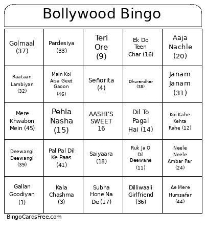 Bollywood Bingo Card